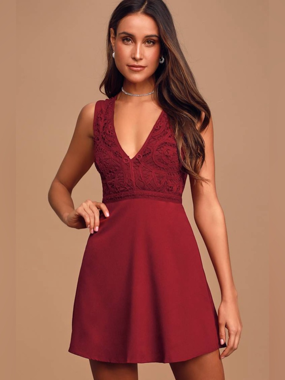 Lulus Florentia Wine Red Crochet Lace Skater Dress Small NWT